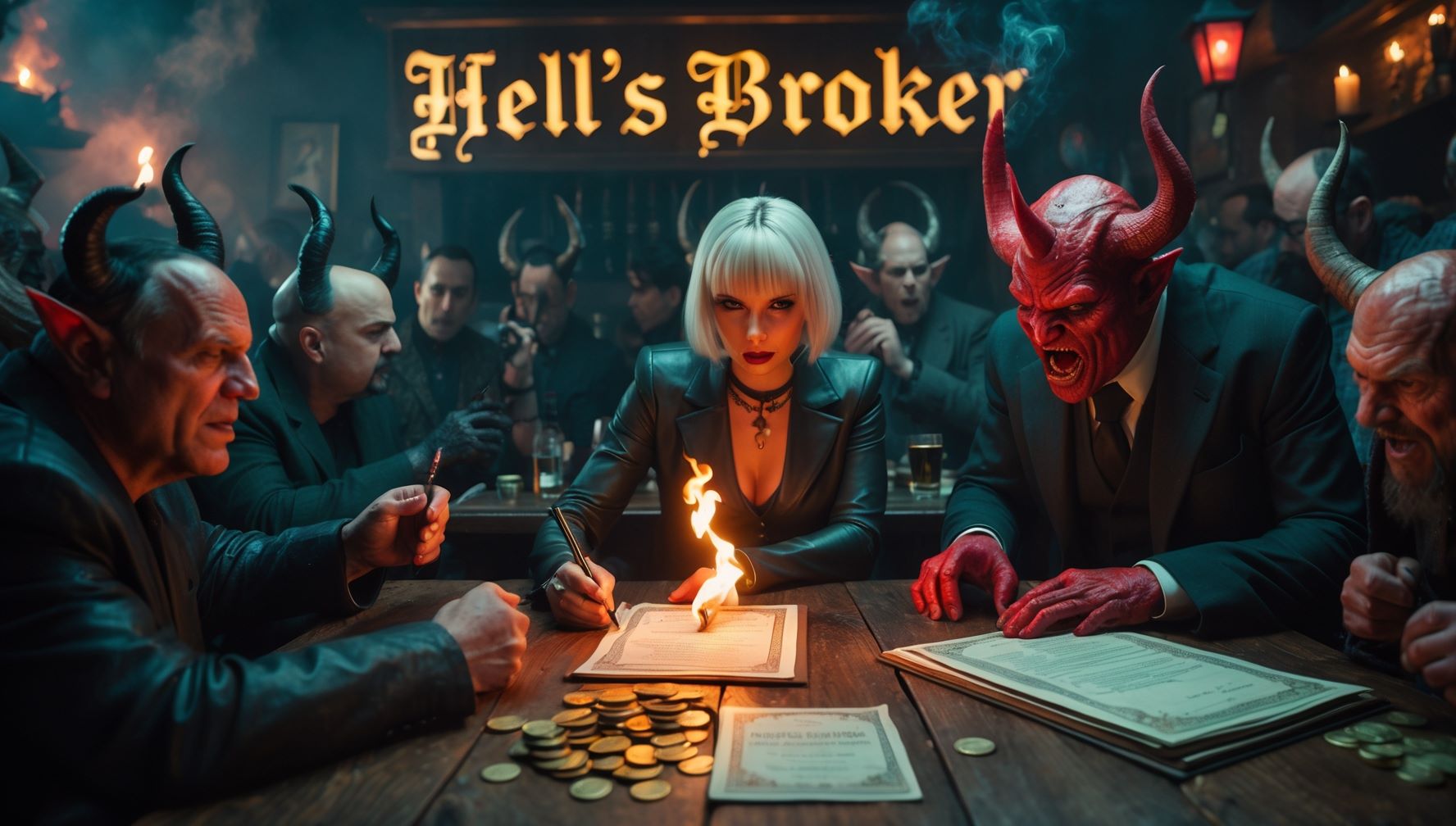 Hell’s Broker series artwork: Larissa at a table with infernal dealmakers